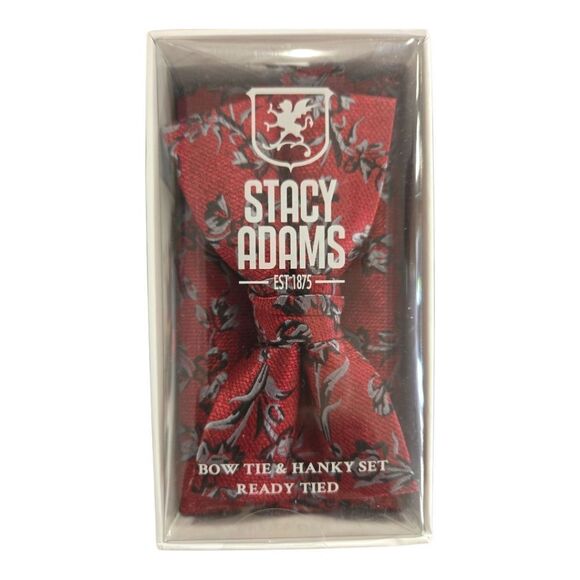 STACY ADAMS RED BLACK GREY FASHION BOXED BOW TIE & POCKET SQUARE SET. - Picture 4 of 5